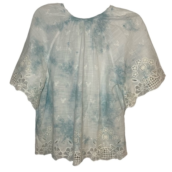 Anthropologie Lace Trimmed Tie Dye and Embroidered Cotton Tie Neck Top - Picture 8 of 15